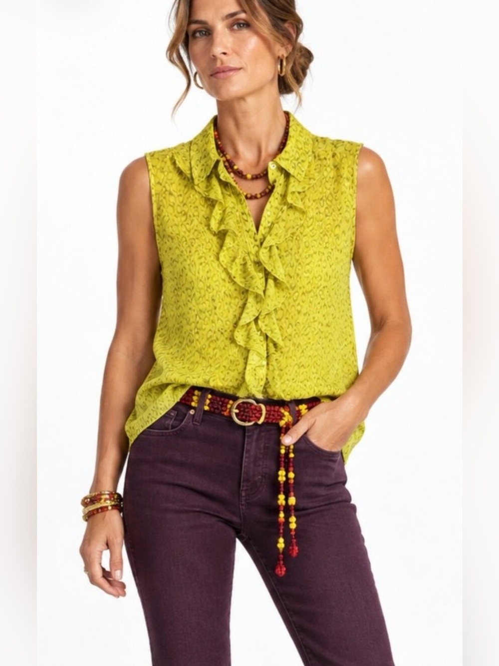 CAbi 3071 Reign Chartreuse Sleeveless Ruffle Blouse Office Business Size Small
